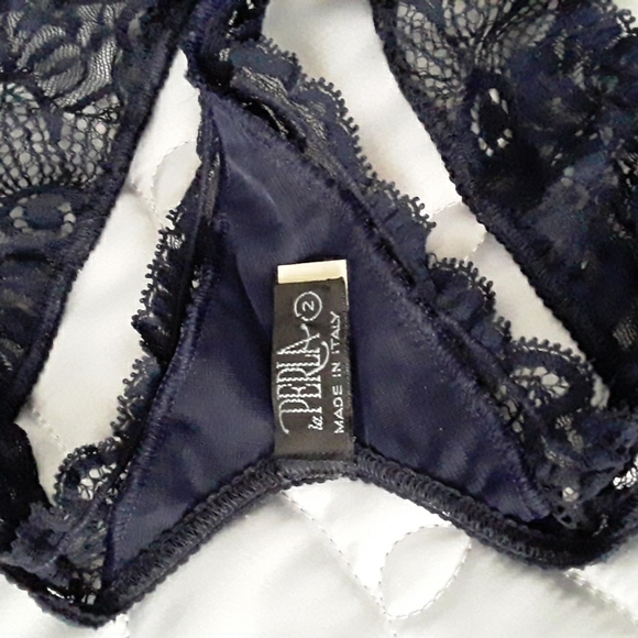 90s La Perla Bustier & Thong, Pleated (Plisse), Dark Navy, Sz 32 & 2  ITALY - Picture 13 of 16